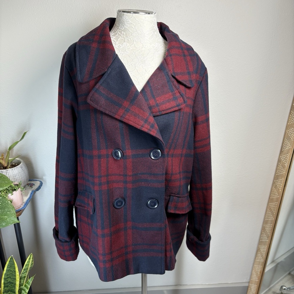Larry Levine Women L Red Plaid Pea Coat Dark Academia Double Breasted Polyester